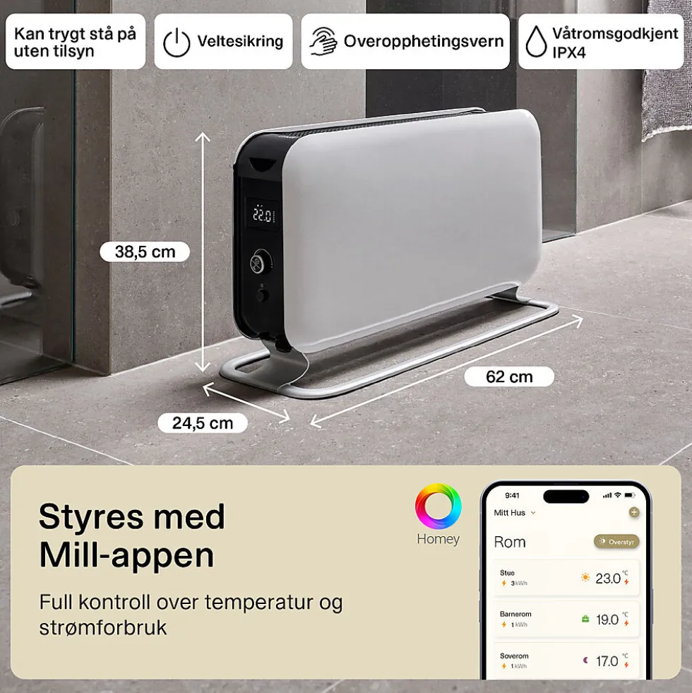 Gulvovn med WiFi 1500W hvit