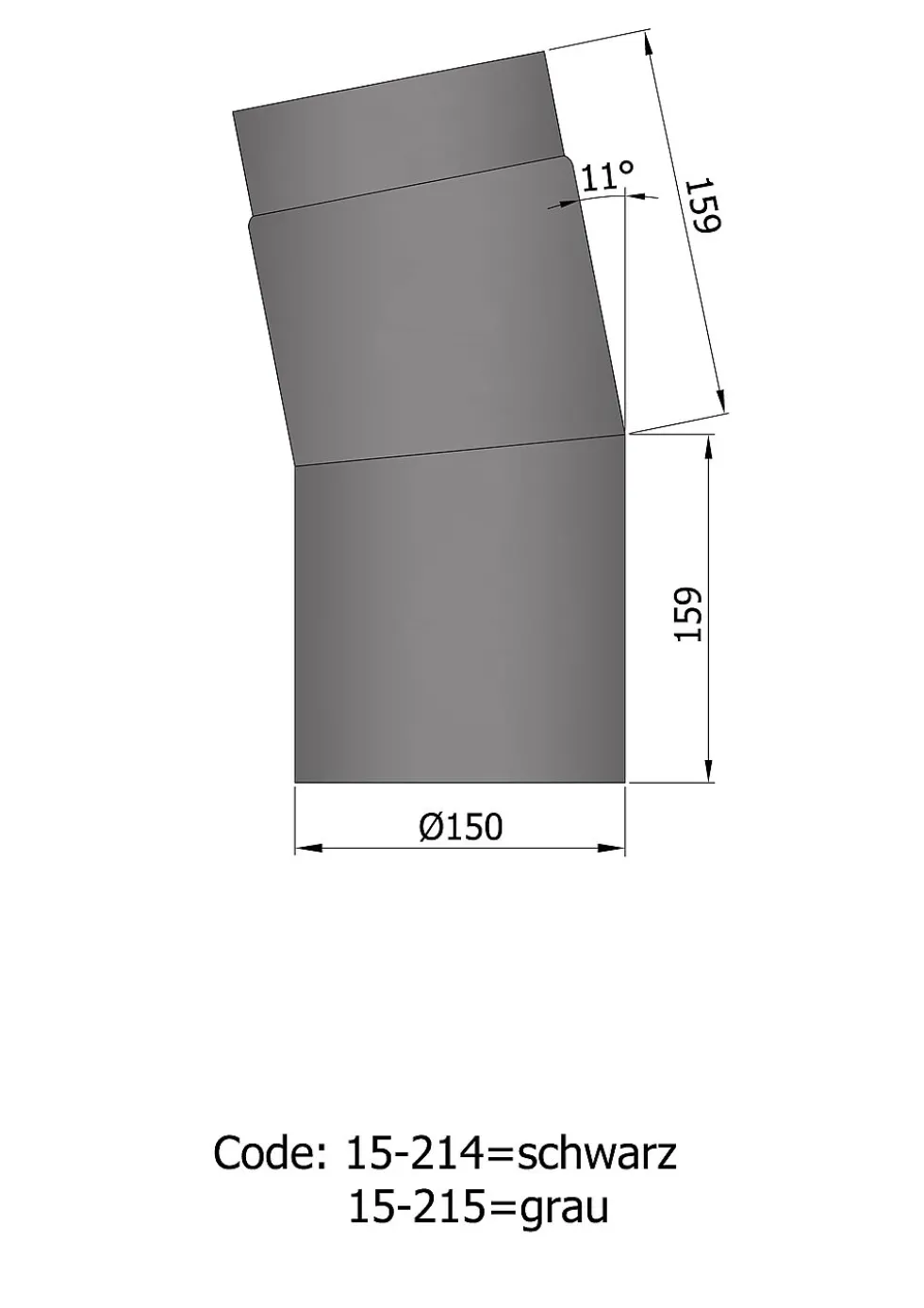 Røykrør vinkel ø150mm 11° kort sort